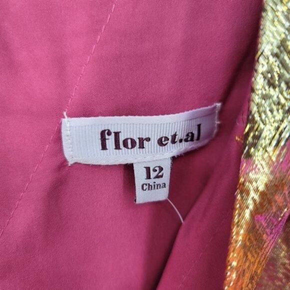 Flor Et. Al Abbott Long Sleeve Metallic Silk Artful Cocktail Dress Size 12 - Picture 3 of 5